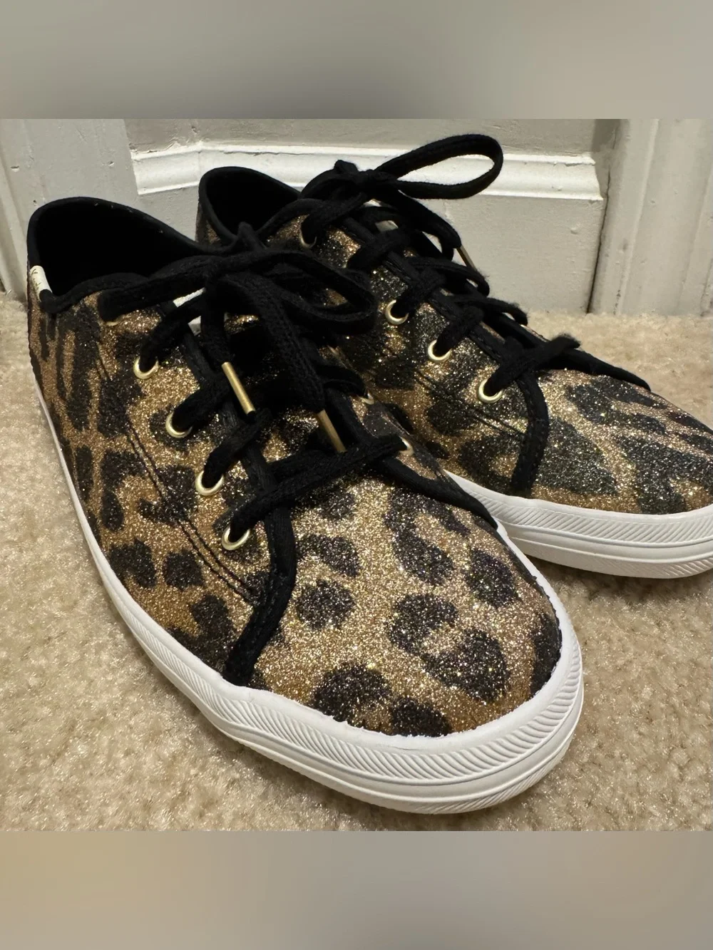 kate spade Glitter Leopard Print Sneakers in Gold and Black